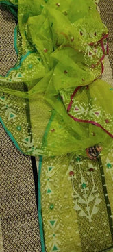 Saree_semi muslin_jamdani_light green_ganga jamuna border_festive_durga pujo_festive_S10621 - Saree - Aakritee - S10821